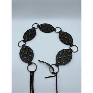 Boho Genuine Leather Belt w/ Rivet Floral Design Brass Rings Tassels Women's S